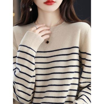 加厚套頭百搭大碼羊毛衫2025春秋新款寬松條紋毛衣羊絨針織打底衫