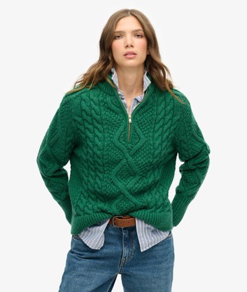 Superdry Women's Aran Cable Knit Half Zip Jumper Green Size: 8