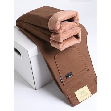 加絨加厚咖啡色高端休閑褲男彈力修身直筒黃色保暖褲子男痞帥潮流