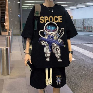 嘻哈宇航員休閑運動套裝男士夏季冰絲帥氣大碼短褲短袖t恤青少年
