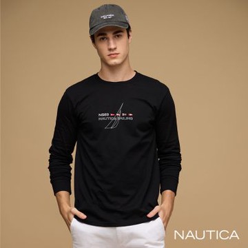 Nautica  男裝 航海旗幟印花長袖T恤-黑色