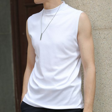 無袖t恤男潮牌坎肩外穿純色汗衫 雙絲光棉夏季冰絲高領寬肩背心潮