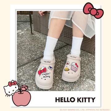 HELLO KITTY艾樂跑女鞋-官網特別版超可愛鞋扣厚底洞洞拖鞋-白/卡其(924008)