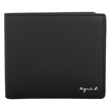 agnes b. 草寫銀字LOGO防刮皮革附名片夾短夾(素面黑)