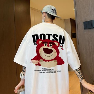 草莓熊短袖T恤男夏季新款ins潮牌男士體恤港風寬松休閑半袖上衣服