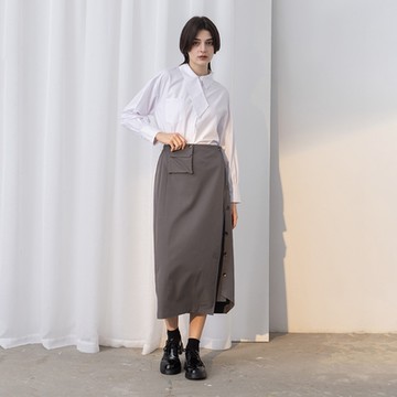 【MASTINA】後鬆緊側排釦工裝長裙 咖 灰