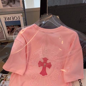 粉色十字花刺繡短袖T恤男女夏季純棉寬松別致情侶大碼體恤上衣ins