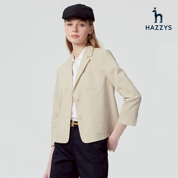 【HAZZYS】女款淺米色麻混紡透氣清爽優雅休閒商務百搭七分袖西裝外套 YBVJB020