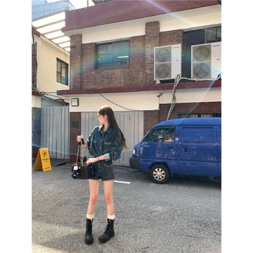 八蓋pinky piggy 蘇格蘭牧場 重工刺繡翻領牛仔套裝高腰鉚釘短褲