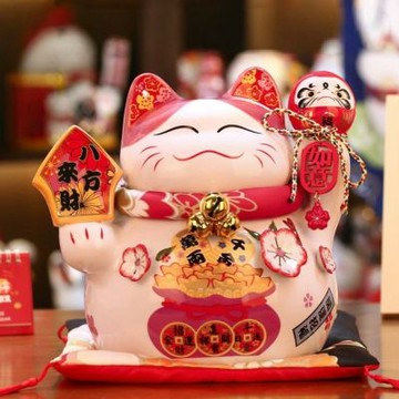 HANACO 招財貓陶瓷存錢罐擺件-中號 店舖前臺收銀臺裝飾 客廳家居存錢罐禮品 招財貓 陶瓷存錢罐