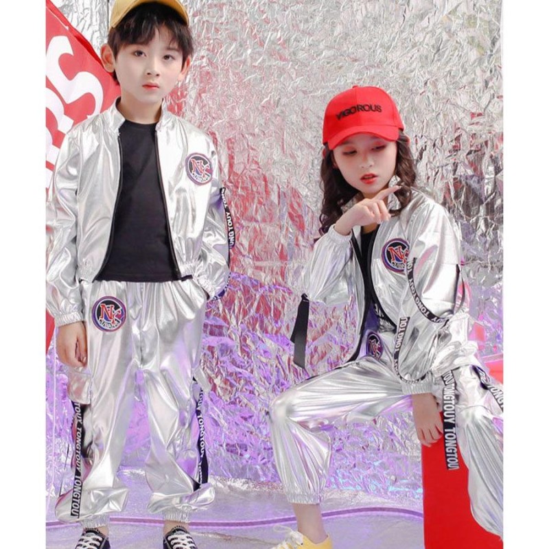 ダンス衣装 キッズ 男の子 女の子 ３点セット 銀色 ジャケット 長袖