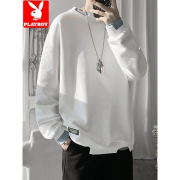花花公子假兩件衛衣男痞帥高級感春秋圓領潮ins無帽白色內搭上衣
