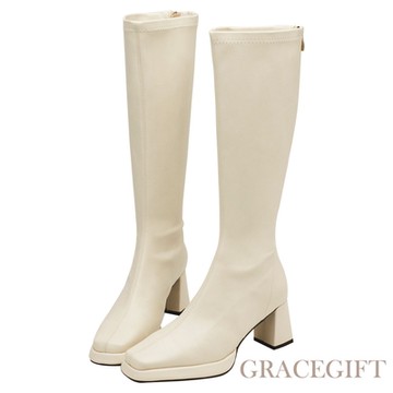 【Grace Gift】超模顯瘦方頭防水台高跟瘦瘦長靴 米白