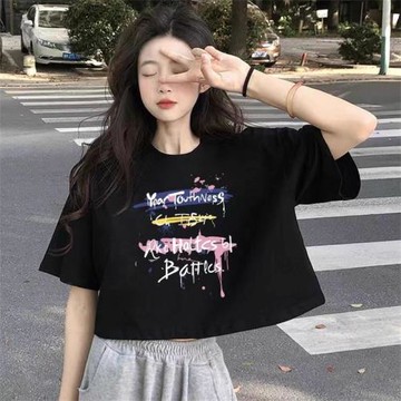 新款甜酷辣妹短款t恤女寬松露肚臍顯瘦百搭休閑印花黑色短袖上衣