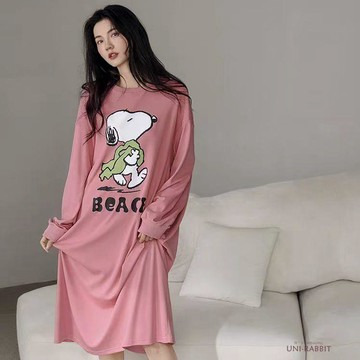 F千之豐女士長袖純棉春秋顯瘦帶口袋家居柔軟卡通中長款睡裙寬鬆睡裙女生睡裙女生睡衣居家服睡裙睡裙