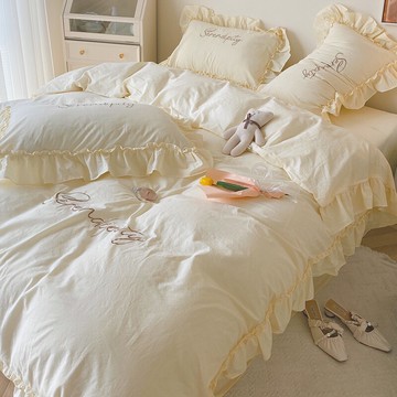 韓式ins水洗棉純棉床上四件套100全棉春秋公主風被套床單三件套女