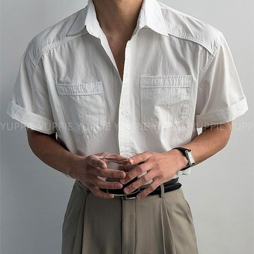 正韓堅挺純棉雙口袋切線剪裁短袖襯衫 2色 YUPPIE 預購商品 0811