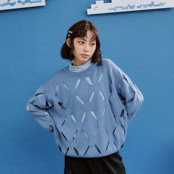 【Dailo】挖剪羅紋鏤空長袖針織上衣 藍 綠 駝 (魅力商品)