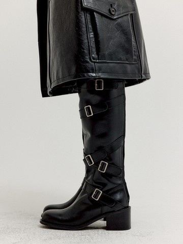XENDA Buckle Strap Long Boots_Black