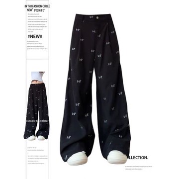 大碼美式復古卡通小狗滿印休閑褲子女2024秋寬松顯瘦直筒闊腿長褲
