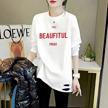 愛依依 上衣 長袖T卹 印花上衣 中長款 S-2XL新款t卹中長款遮屁股上衣白色寬鬆內搭打底衫-9807.