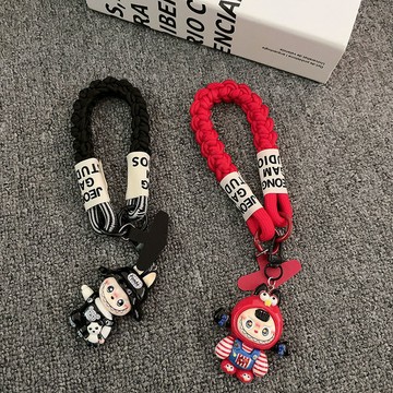 【風越】Ins黑帽拉布布吊墜爆款手機掛繩包包掛飾麻花加粗結實腕帶式通用