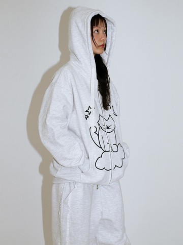 Cat Sketch Cotton Terry Hoodie [Beige Melange]