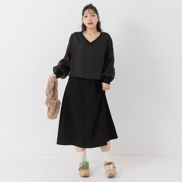 假兩件V領透紗長袖洋裝