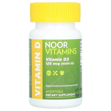 Noor Vitamins, 維生素 D3 軟膠囊，125 微克（5,000 國際單位），60 粒