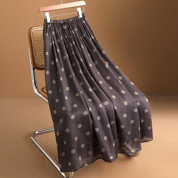波點半身裙女春夏歐貨綁帶松緊腰咖啡色a字雪紡傘裙過膝大擺長裙