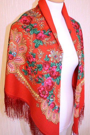 原創帕夫洛沃波薩德俄羅斯披肩 100% 羊毛 羊毛絲巾 110x110 1699-5 紅色