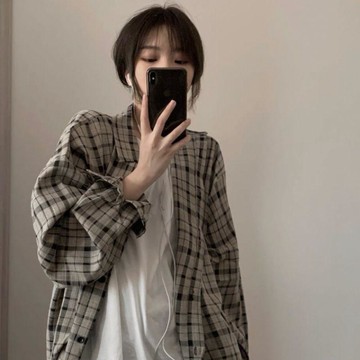 ins原宿風休閒格子襯衫復古風慵懶韓版港風寬鬆百搭男女同款外套氣球袖 連帽外套 棉質 大布外套 雙拉鍊 大絨布 寬鬆 寬