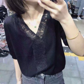 冰絲針織薄款短袖t恤女2025夏季蕾絲拼接寬松顯瘦打底體恤上衣衫