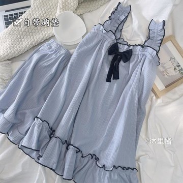 西洋情書 夏季日系風帶胸墊吊帶純棉睡衣女甜美小清新家居服套裝