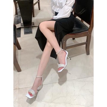 肯豆同款方頭露趾水鉆高跟鞋細跟性感一字帶涼鞋女夏真皮羅馬涼靴