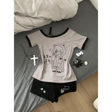 宅系亞文化宅萌感印花斜肩短袖上衣夏季可愛辣妹修身顯瘦T恤上衣