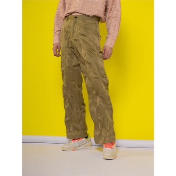 CLP黑色卡其色縮水褶皺設計休閑褲長褲寬松直筒闊腿解構亮面潮流