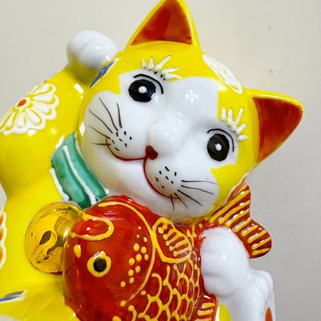 【九谷燒】手作招財貓與鯛魚3.8號黃盛