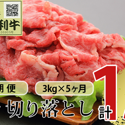 《定期便》5ヶ月連続 秋田由利牛 バラ切り落とし 3kg（1kg×3パック）