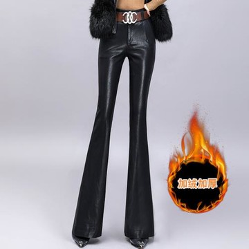 加絨皮褲女2025年秋冬新款喇叭皮褲高腰顯瘦加厚垂感外穿微喇長褲
