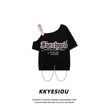 KKyesiou露肩美背設計感短款上衣女拼接皮帶辣妹印花bm風短袖T恤