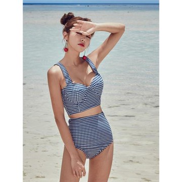 游泳衣女兩件套分體式高腰遮肚復古格子比基尼性感三點式鋼托聚攏