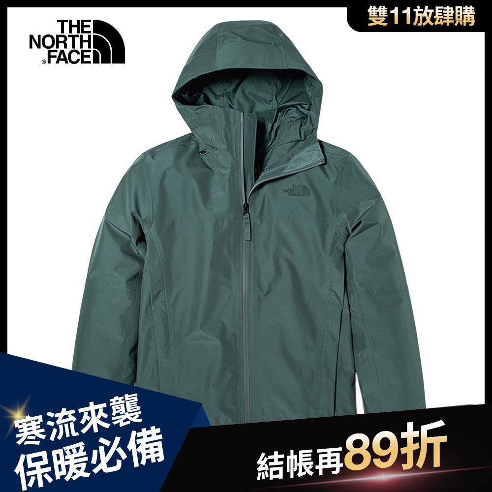 The North Face北面男款綠色防水透氣輕便連帽衝鋒衣｜5JVWHBS