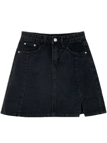 黑色牛仔半身裙女夏季新款梨形身材大碼顯瘦學院風開叉不規則短裙【木屋雜貨】