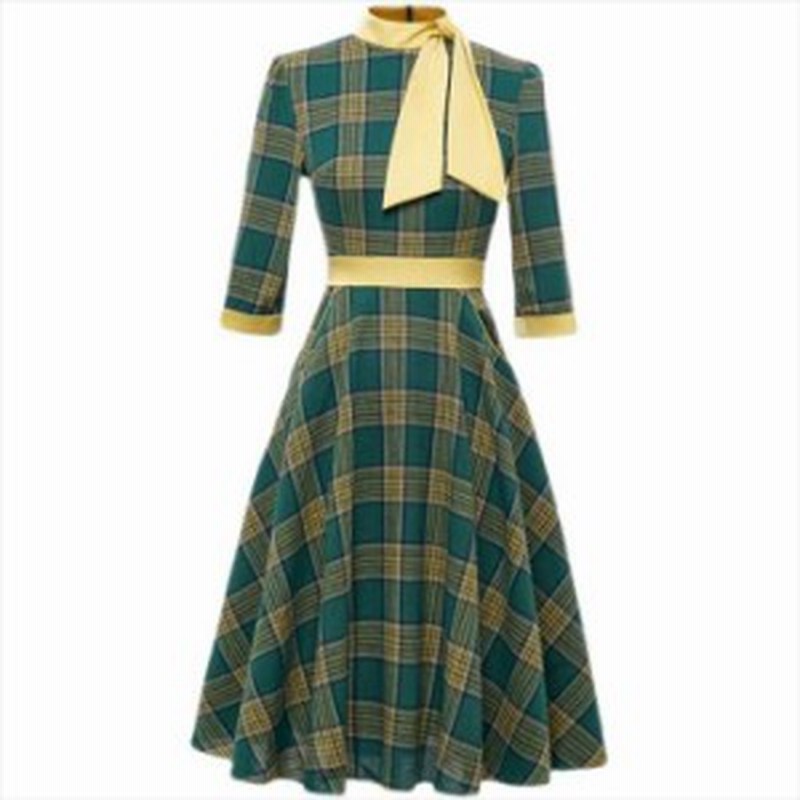 ワンピース ワンピドレス チェック柄 グリーン 緑 フレアースカート 七分袖 外国風 アメリカンスタイル エレガント レトロデザイン チェ 通販 Lineポイント最大6 0 Get Lineショッピング