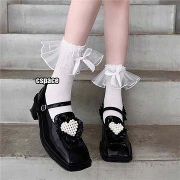 lolita少女網紗花邊短款棉襪蕾絲歐根紗緞帶蝴蝶結jk基礎白色短襪