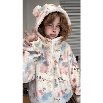 可愛涂鴉羊羔毛外套女秋冬季加絨加厚寬松短款小個子保暖棉衣棉服