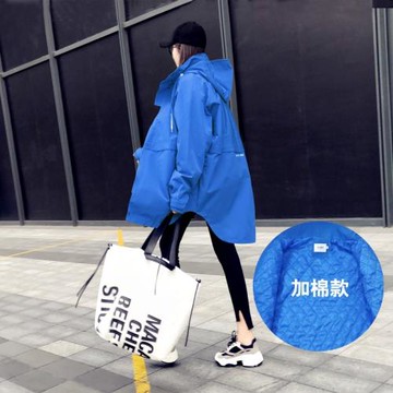 2025年秋冬新款藍色二棉外套女夾棉加厚風衣女中長款連帽棉服薄款