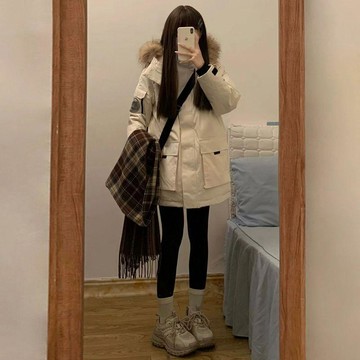 女士棉服 加厚保暖外套 大毛領派克棉服中長款冬季新款高級感小衆設計工裝棉襖外套1009