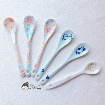 進口美濃燒花卉可愛貓咪陶瓷小勺子咖啡攪拌勺